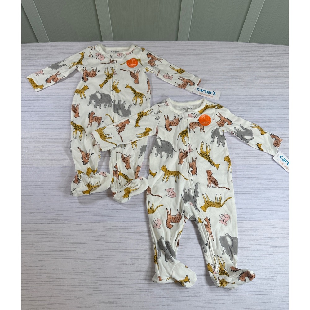 New Carters Just One You *2 Pack* Safari Animal Pajamas 6M 2-Way Zip Sleepers